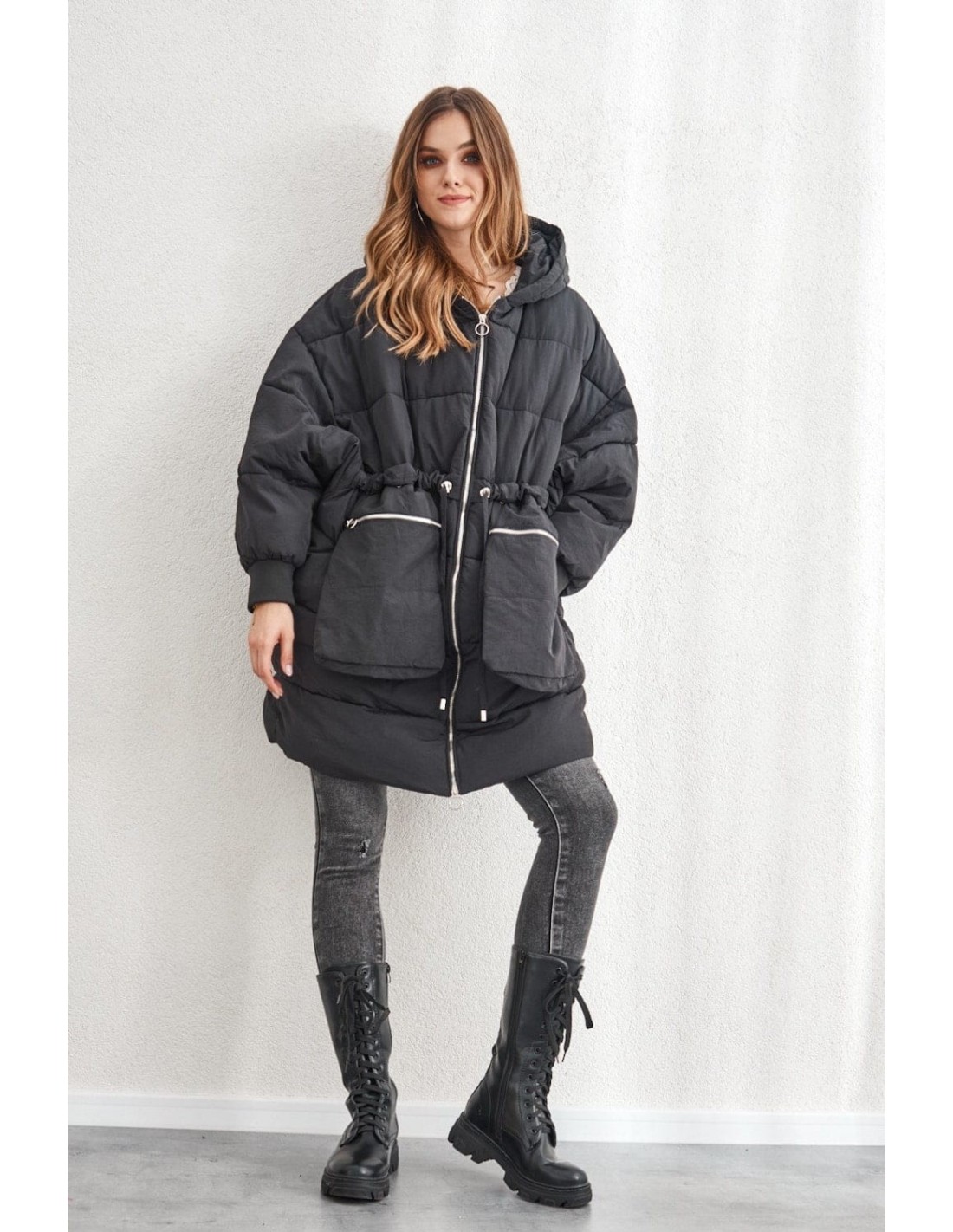 Warm oversize jacket with hood, black 1537 - Online store - Boutique